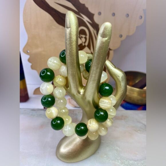 Handmade Mixed Green & Cream Banded Jade Bracelet Set - Picture 7 of 8